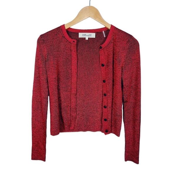 Diane Von Furstenberg Metallic Merino Wool Blend Cardigan Sweater Red P / XS - Picture 1 of 11